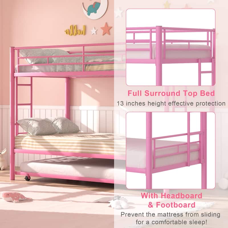 Twin Over Twin Bunk Bed with Trundle, Detachable Twin Bunk Beds w/ 2 Side Ladders & Full-Length Guardrails