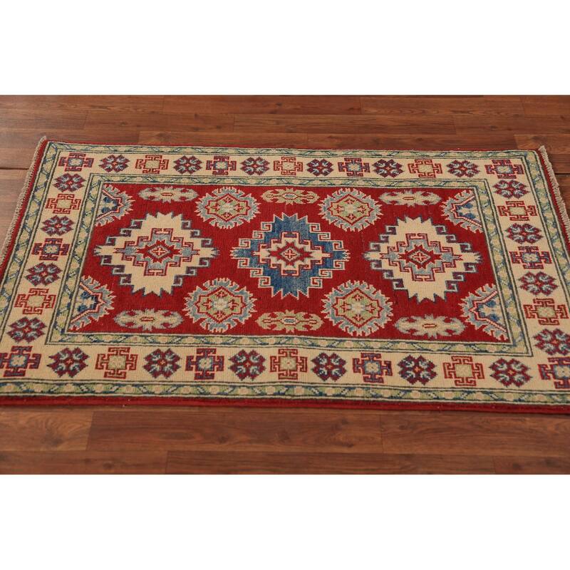 Red Geometric Kazak Foyer Rug Handmade Wool Carpet - 2'8" x 4'3"