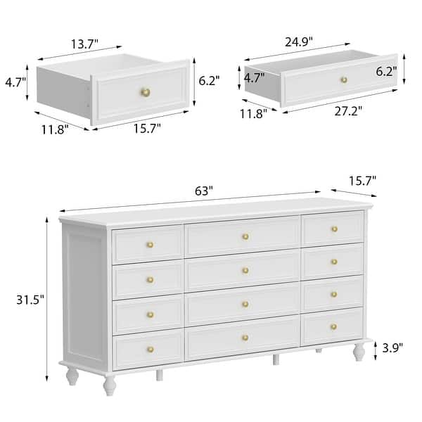 dimension image slide 3 of 4, 63"W Wood Dresser Bedroom Storage Drawer Organizer Closet 12 Drawer