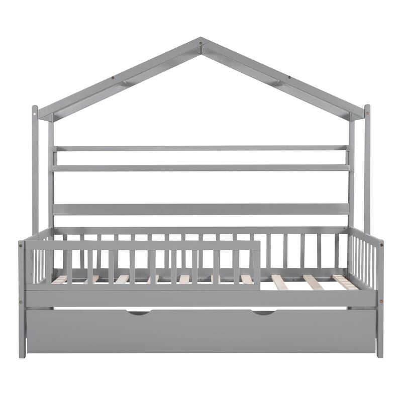 Pine House Bed with Trundle, Shelf & Guardrail