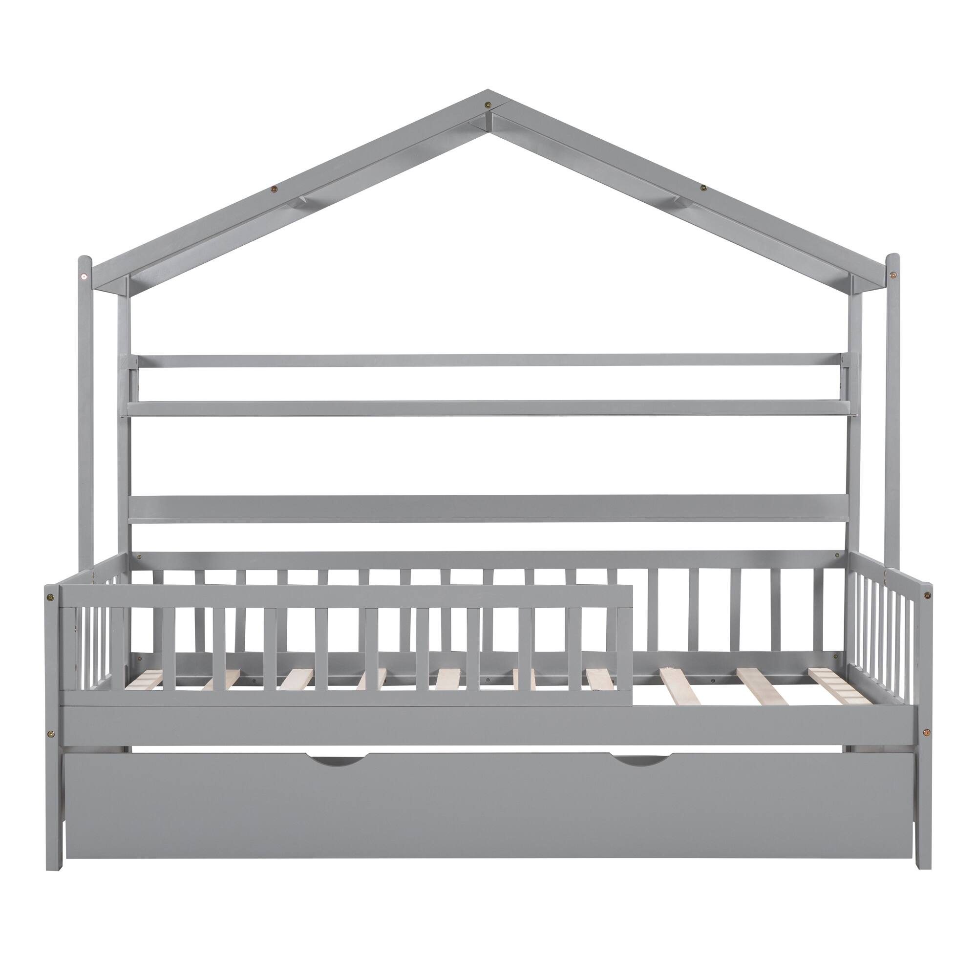 Semi-enclosed Platform Bed w/ Trundle, Kids House Bed for Girls, Boys ...
