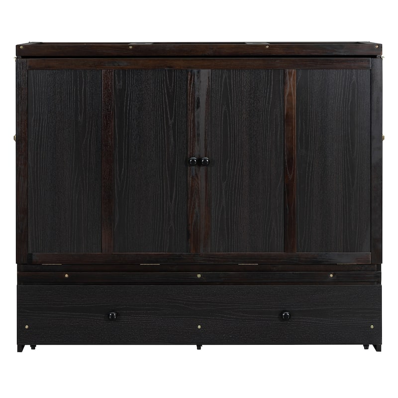 Wood Murphy Chest Bed Frame with Drawer and Charging Station, Space Saving Hidden Folding Cabinet Bed