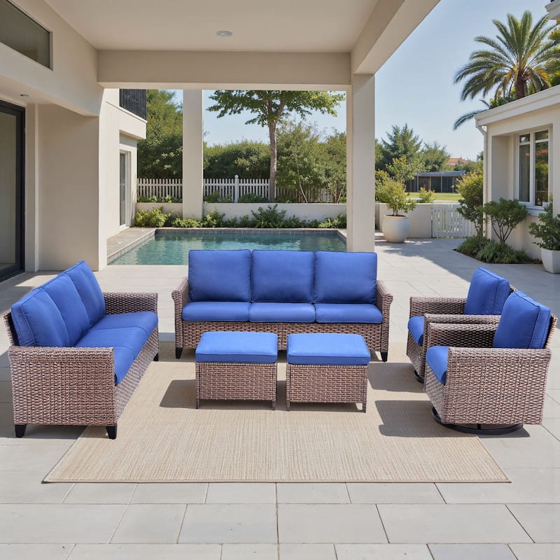 Pocassy Outdoor Sofa with Swivel Chairs Funiture Set - 6PCS Sofa Swivel Chair w/ Ottoman - Brown Wicker Beige Cushion