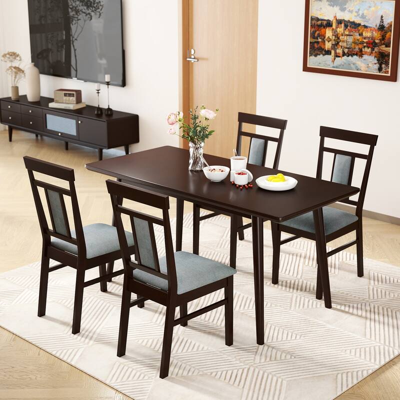 Seet of 2 Coffee Rubber Wood Dining Chairs with Linen Padded Seats and Backrests - 16" L x 20" W x 36" H