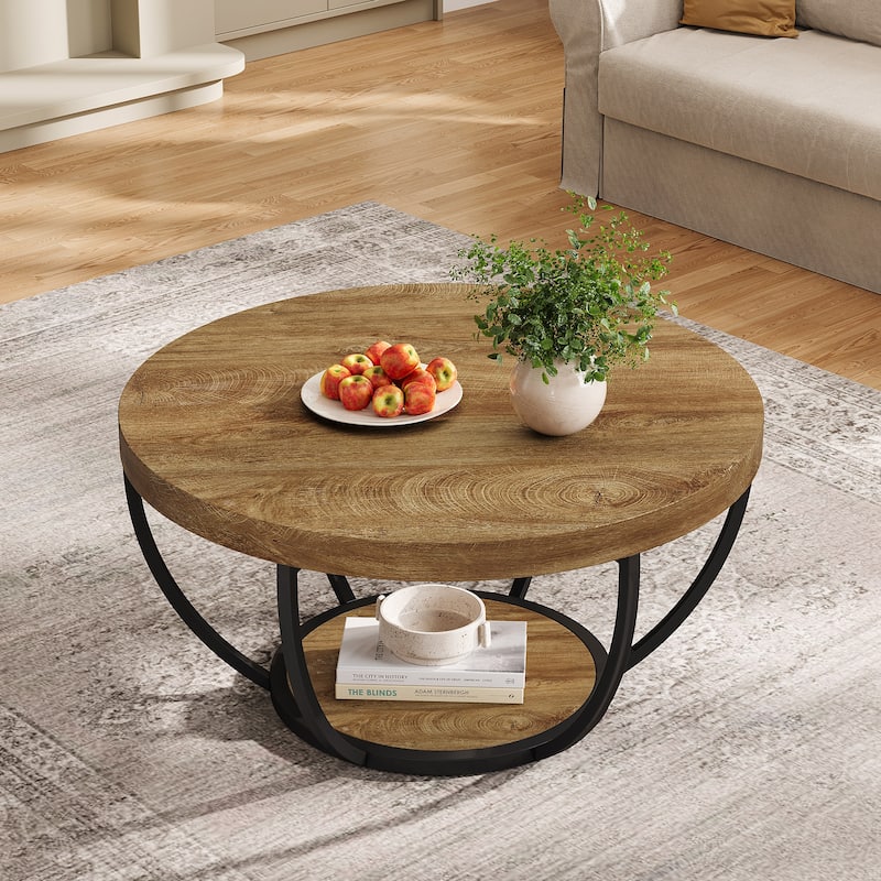 31.7" Round Coffee Table, Modern 2-Tier Living Room Table Center Table - Bown
