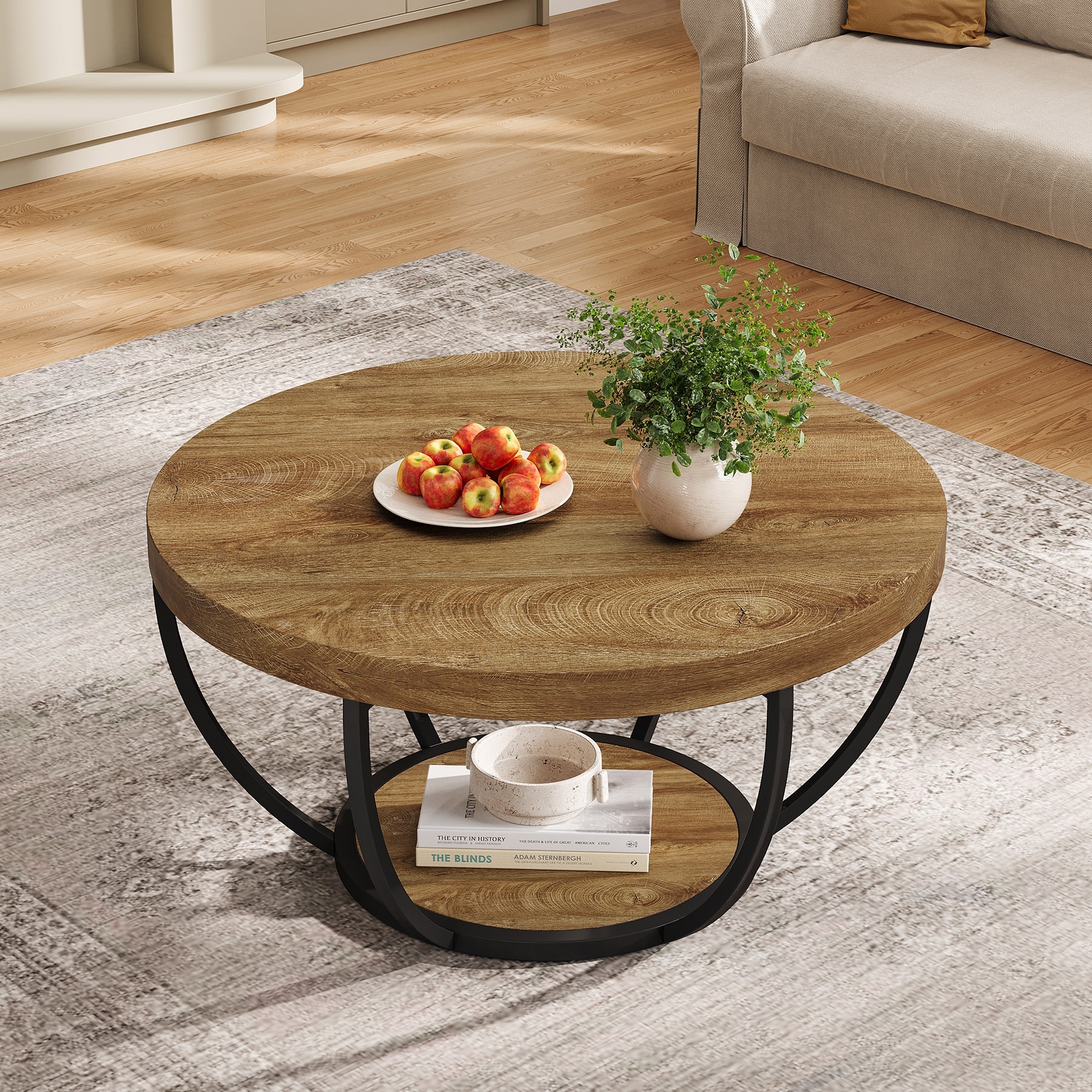 31.7" Round Coffee Table, Modern 2-Tier Living Room Table Center Table