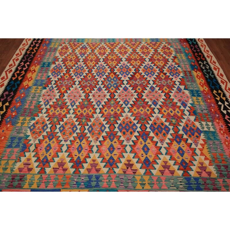 Reversible Kilim Area Rug Bedroom Hand-Woven Wool Carpet - 8'5" x 9'10"