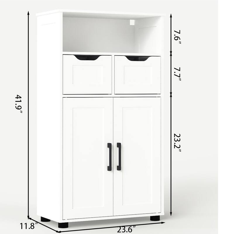 White Double Door Cabinet with Drawers Adjustable Shelves and Open Storage for Living Room Dining Room or Office
