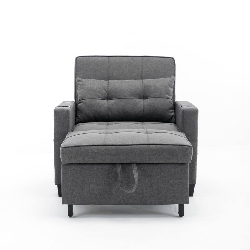 Linen Convertible Futon Armchair Bed with USB Ports, Adjustable Backrest and 3-in-1 Functionality