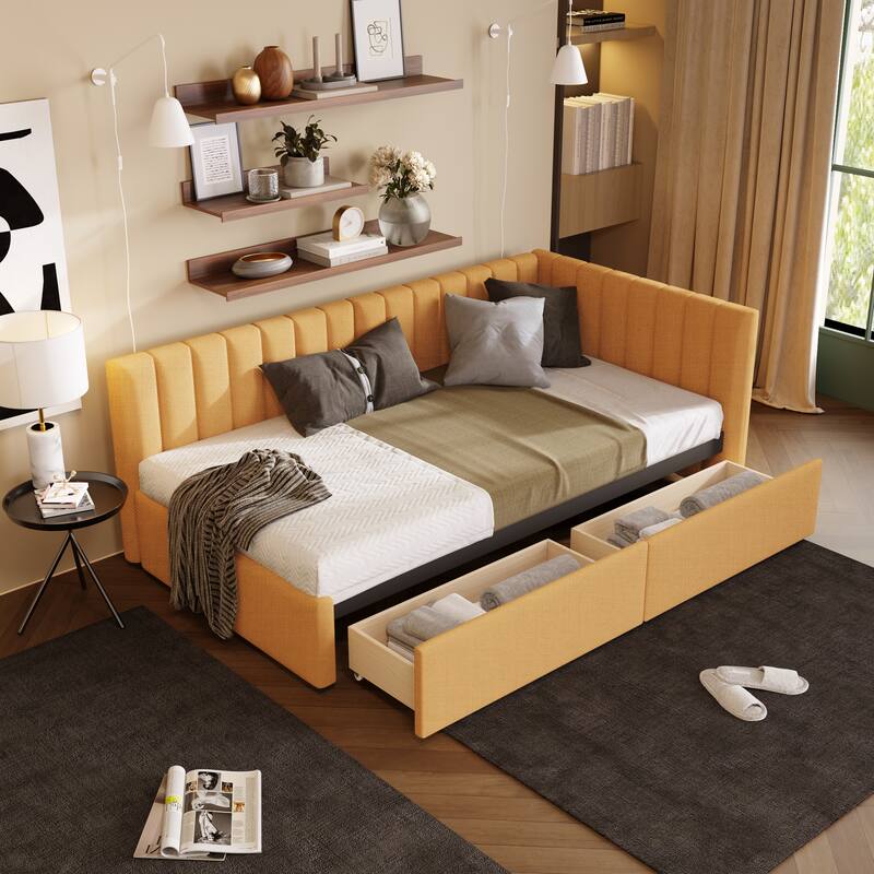 Twin Size Daybed with 2 Storage Drawers Sofa Bed Frame Wood Slat Support Semi-Closed Design Upholstered Daybed