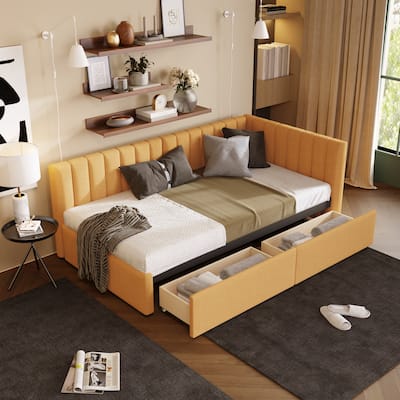 Yellow Twin Linen Upholstered Daybed with Storage Drawers - Box Spring Not Needed