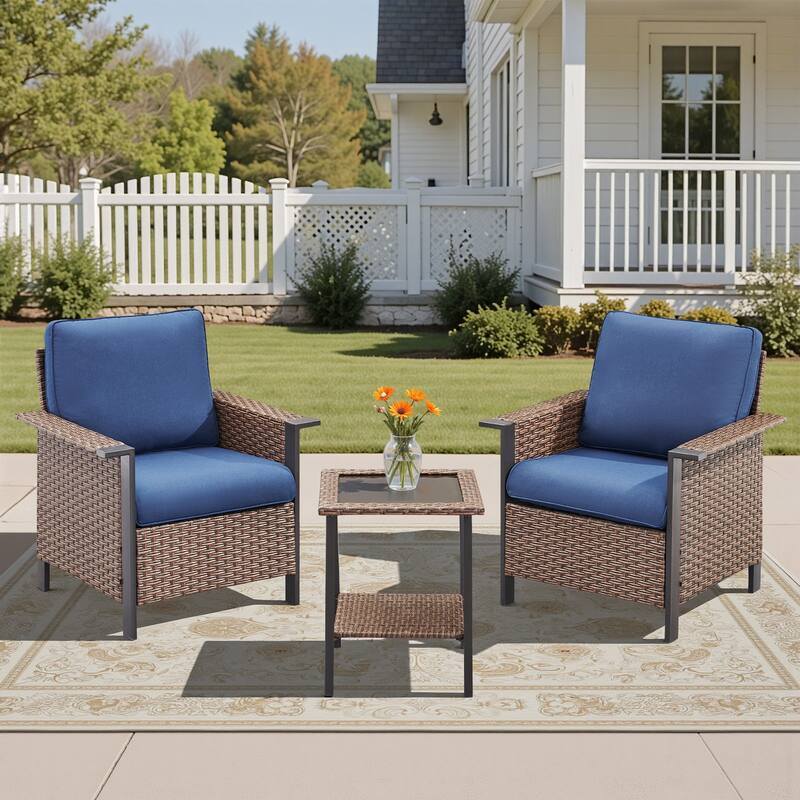 Pocassy Outdoor Wicker 3-Piece Patio Chair with Side Table - Brown Wicker Blue Cushion - 3-Piece Patio Chair with Side Table