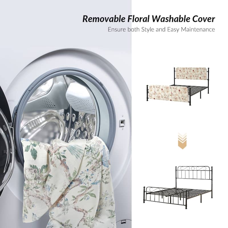 Diana Transitional 62" Floral Upholstered Platform Metal Bed Frame with Washable Slipcover by HULALA HOME