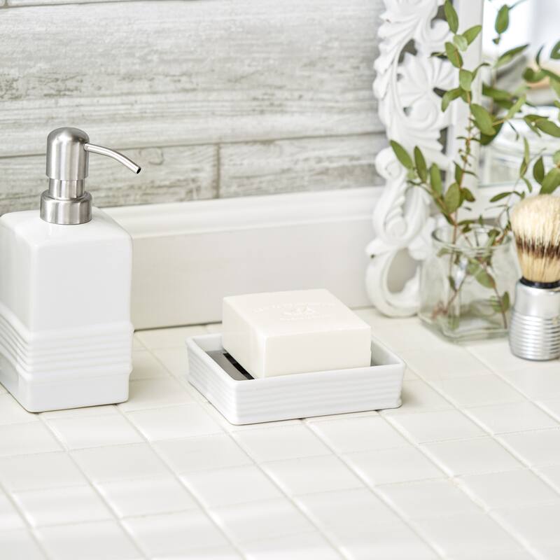 Stoneware Soap Dish and Stainless Steel Tray - White