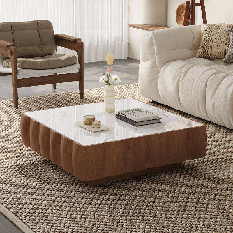 36" Mid-Century Modern Coffee Table - Curved Edge Sintered Stone & Solid Wood Veneer Frame with Hidden Storage Drawer