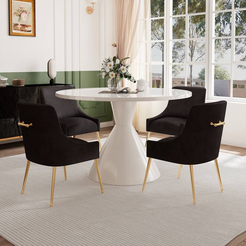 48" Light Luxury White High Gloss Large Countertop Dining Table with Velvet Dining Chair Set