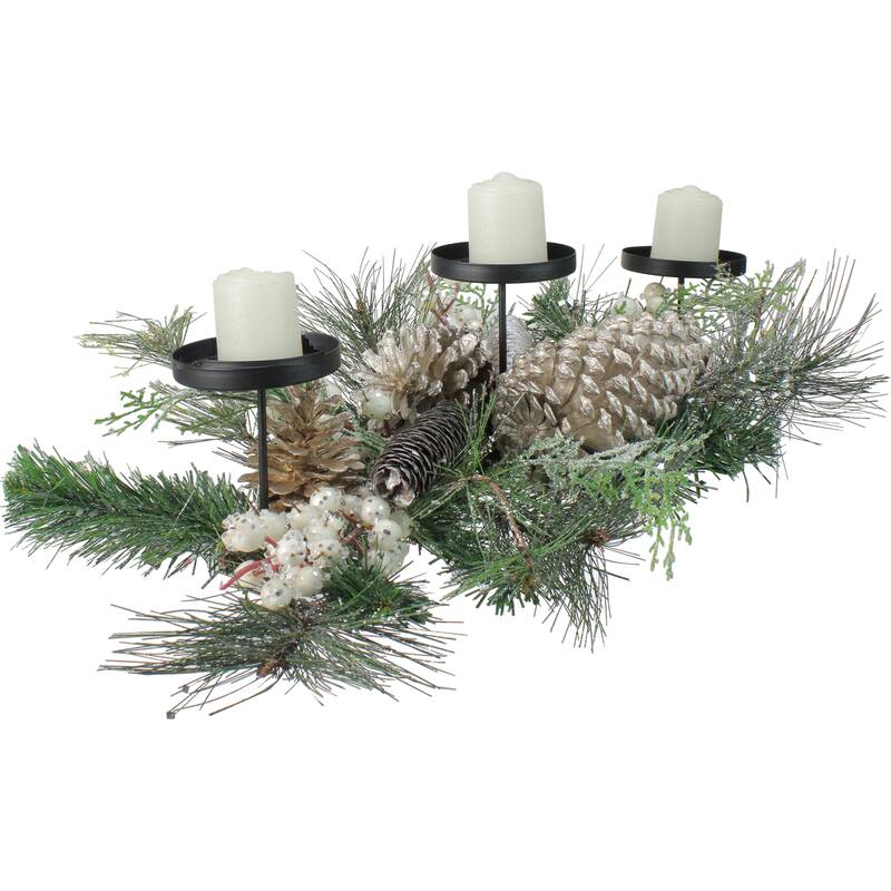 Frosted Long Needle Pine and Berries Christmas Triple Candle Holder - 24"