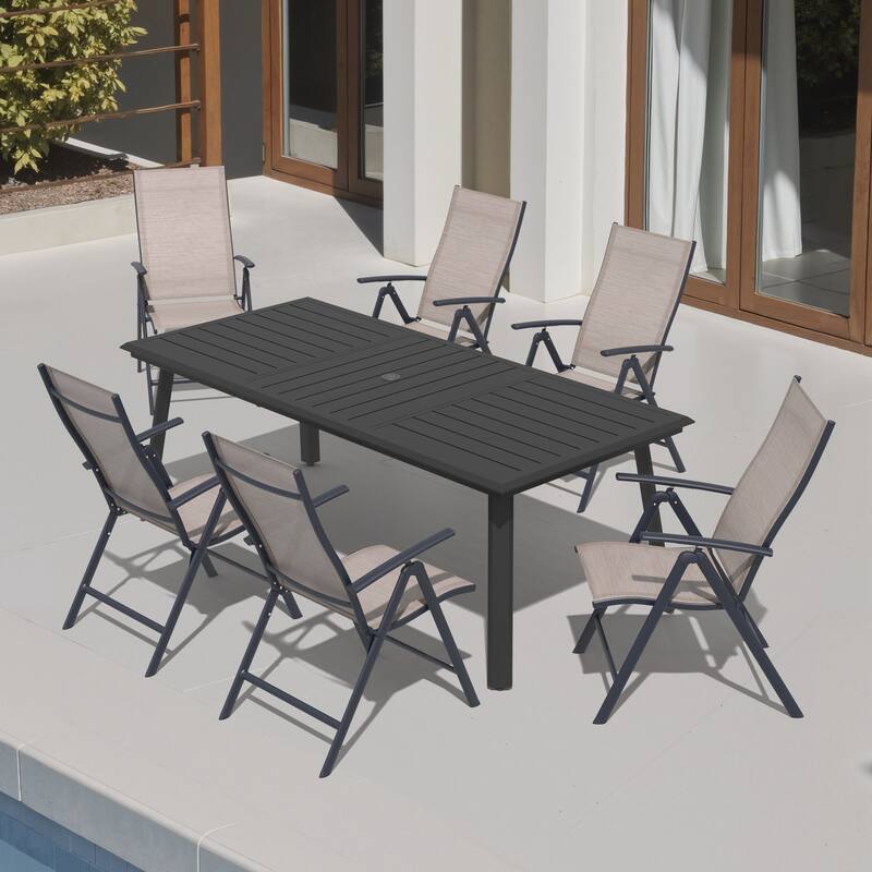 7PCS Outdoor Dining Set Aluminum Dining Table with Umbrella Hole and Adjustable Folding Chairs - Espresso