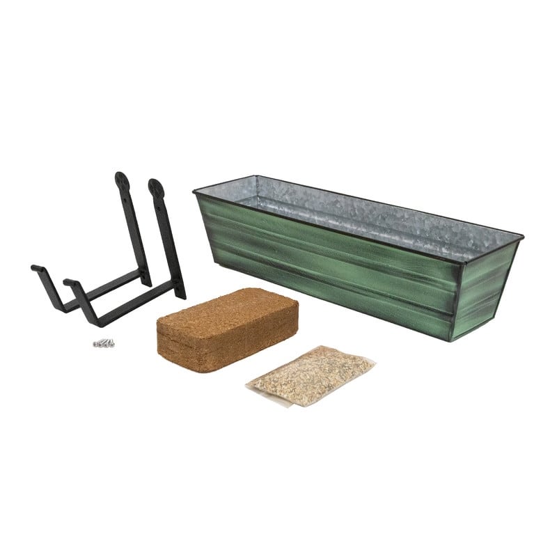 Achla Designs 22" W Galvanized Steel/Wrought Iron Bloom Box Garden Growing Kit With Wall Brackets - Green