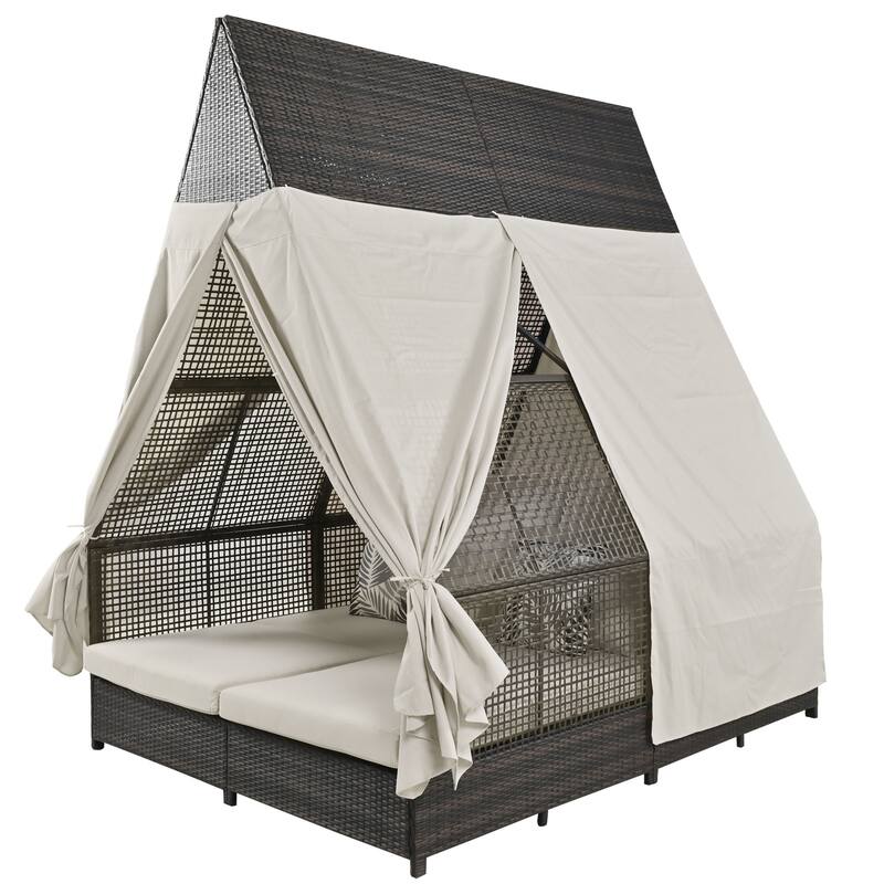 Outdoor Patio Rattan Daybed Sunbed with Triangle Tent, Adjustable Backrest, and Curtains