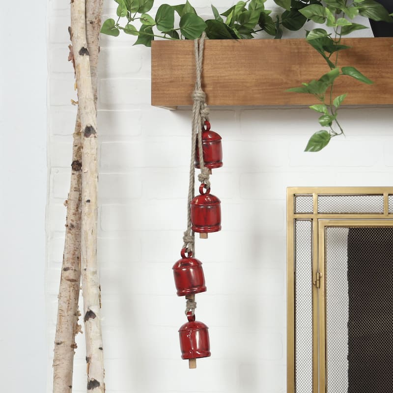Metal Cluster Decorative Bells with 4 Bells on Jute Hanging Rope - White, Black, Gold, Red - Roche River Decor