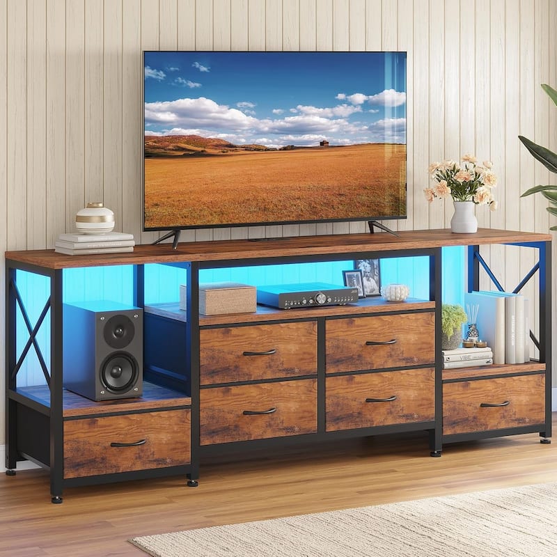 TV Stand with LED Lights Power Outlets Dresser Fabric Drawers Entertainment Center - 	‎63" - Rustic Brown