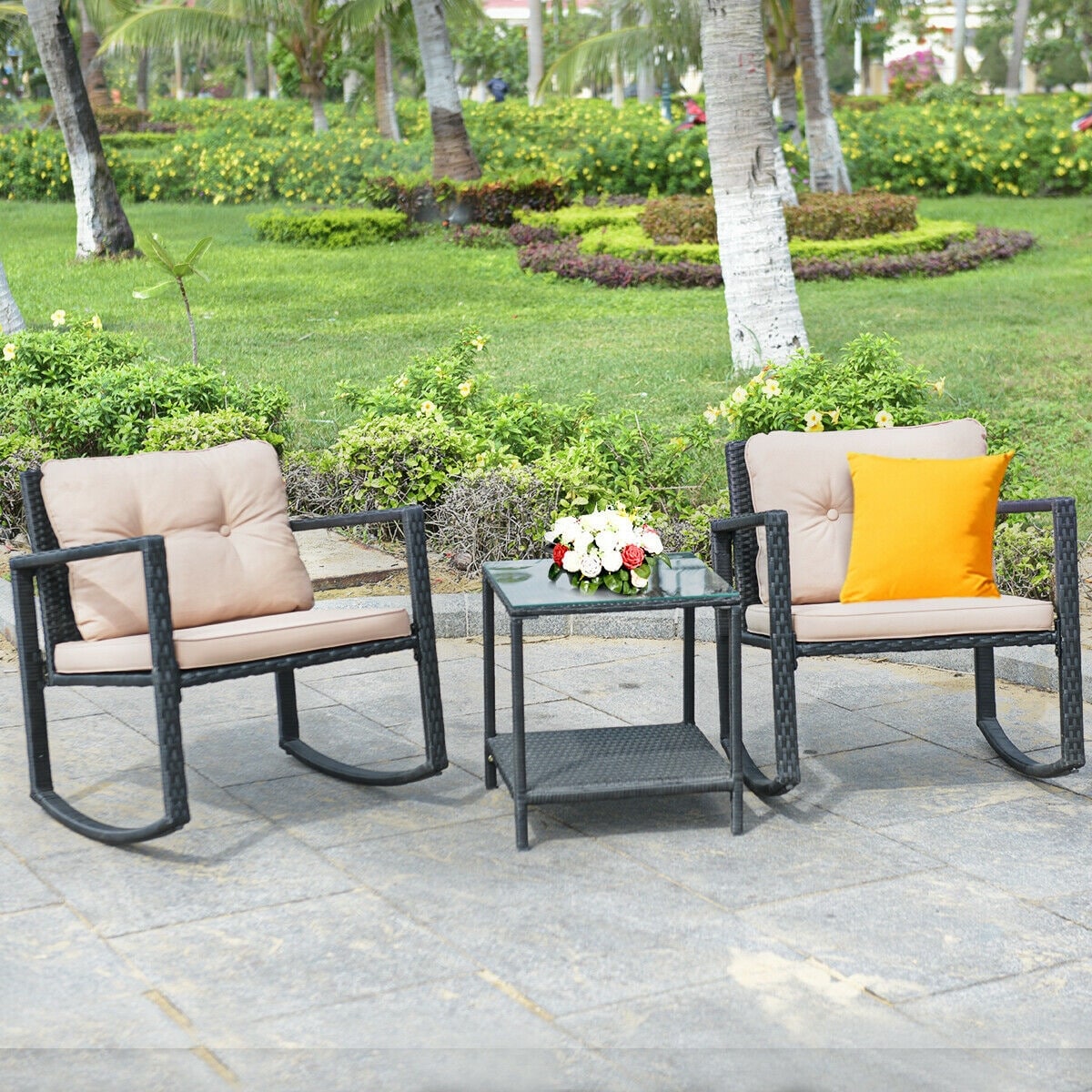 Shop 3 Pcs Patio Rattan Set Rocking Chair Cushioned Sofa Garden Furniture Overstock 30088897