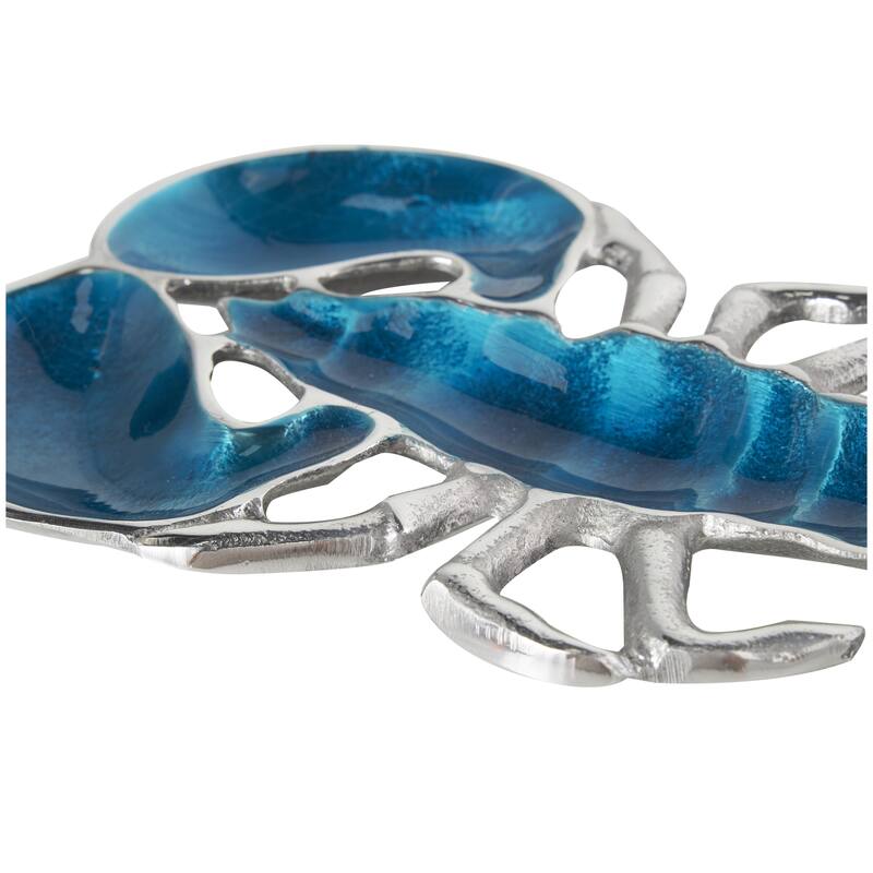 Aluminum Metal Lobster Enameled Serving Bowl with Silver Metal Exterior - Set of 2 Silver, Teal, Blue - Roche River Decor