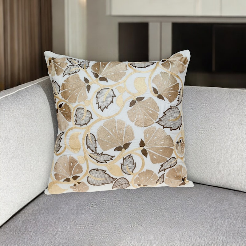 22" Gold and White Floral Cotton Throw Pillow With Embroidery - Gold/White