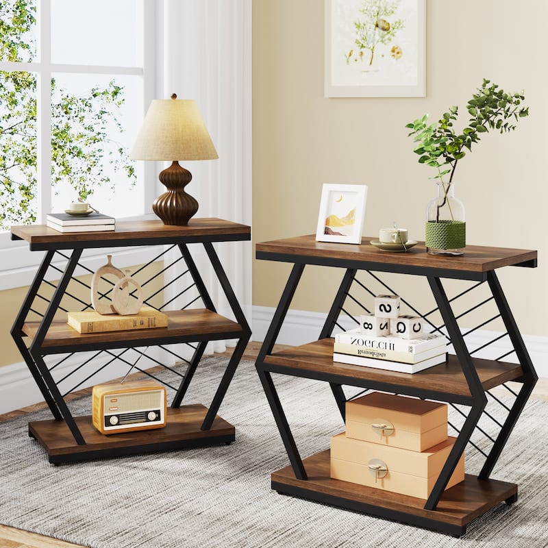 3-tier Rectangular End Side Table for Living Room - 2PCS - Rustic Brown+Black