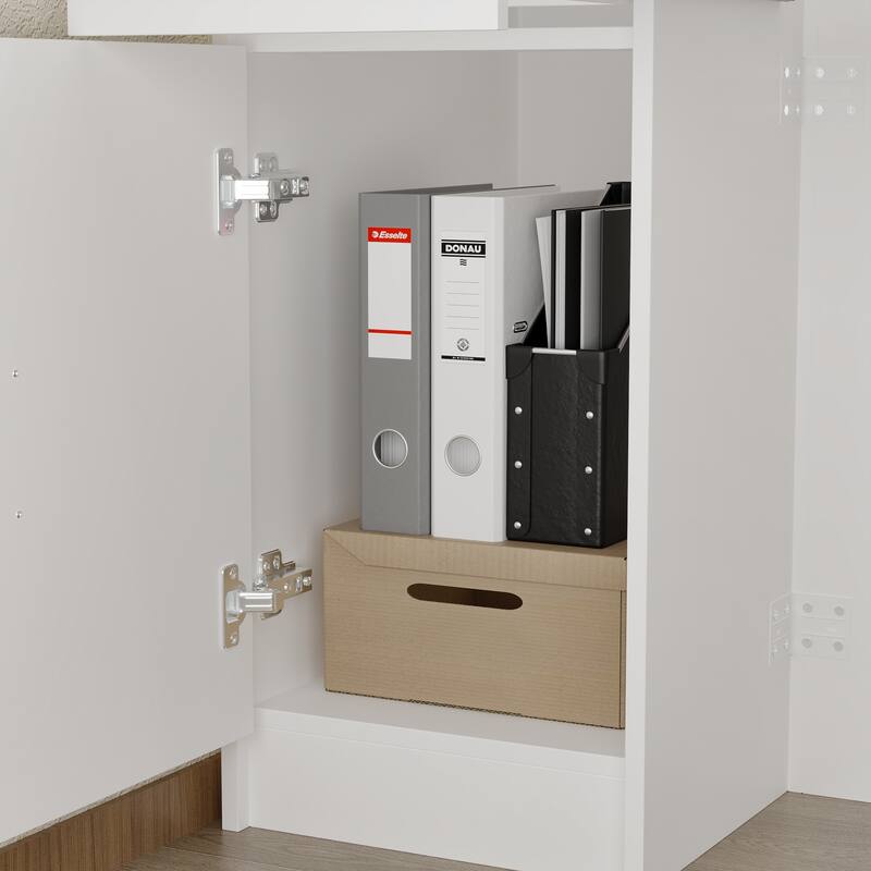 Reception Desk Checkout Counter with LED Display Shelves, Locking Drawer and Storage Cabinets