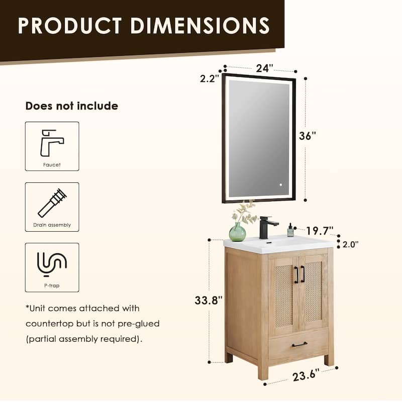 Bondi Bathroom Vanity in Light Brown with White Ceramic Drop-in Sink with Mirror