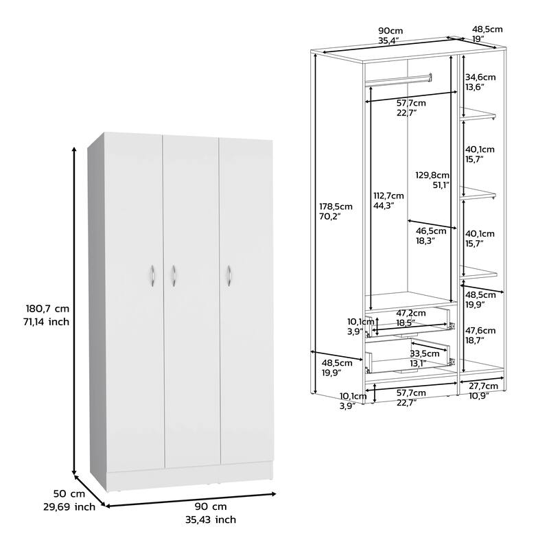 19.69" Modern Three-door Armoire with 2 Drawers and Hanging Rod for Bedroom