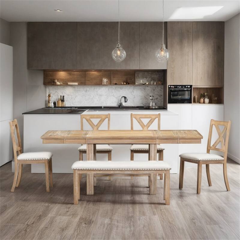 82" 6 Piece Extendable Dining Set with Footrest,4 Chairs and Bench