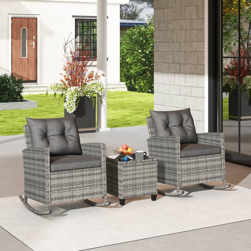 Gymax Set of 3 Wicker Rocking Set Patio w/ Tempered Glass Table & Soft