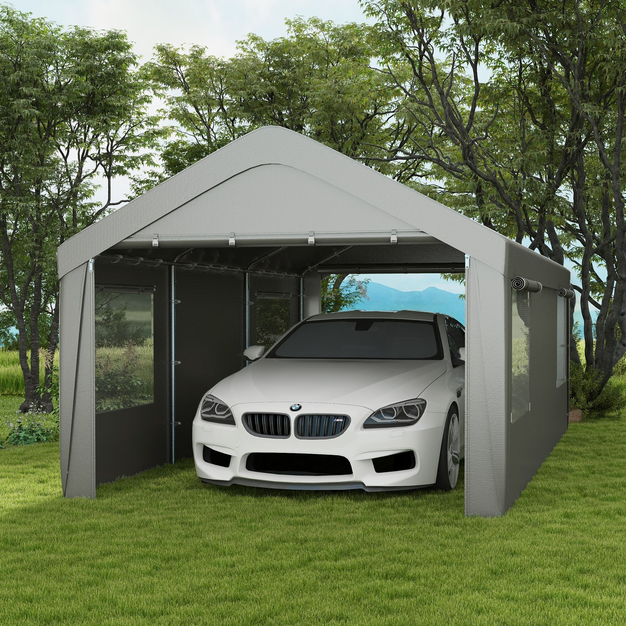 Outsunny Carport 10 x 19.5 Portable Garage Heavy Duty Car Port Canopy with 2 Roll up Doors 4 Ventilated Windows Tan