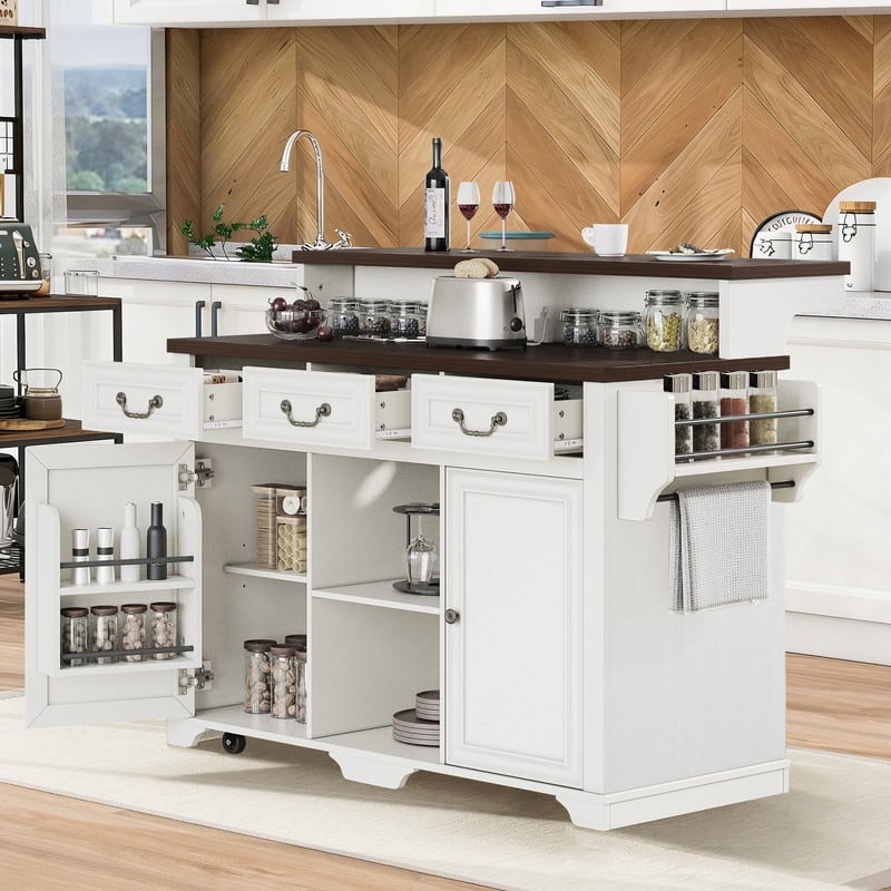 Farmhouse 53.2" Kitchen Island with Power Outlet, Rolling Island Table, Bar Cabinet with Storage 4 Door Shelves and 3 Drawers