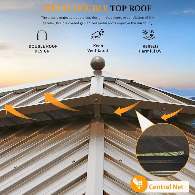 EROMMY 12x16 Outdoor Pergola with Galvanized Steel Roof, Aluminum Frame, and Vertical Rain Gutters