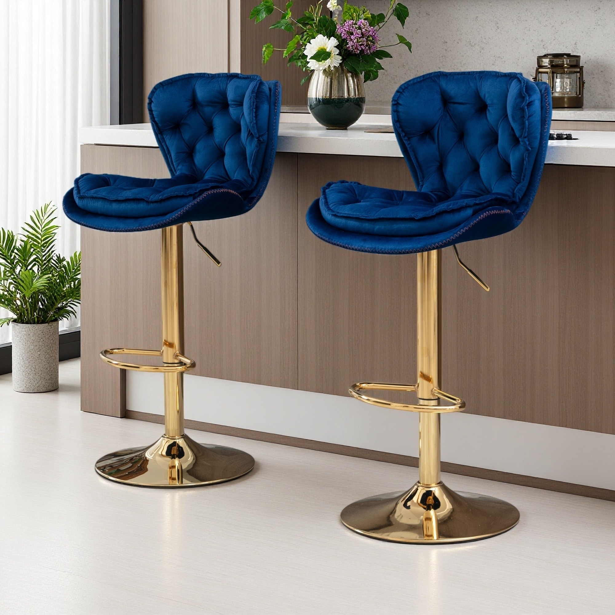 34.6"H Set of 2 Adjustable Velvet Bar Stools with 360° Swivel Chrome Base & Footrest -Height Adjustable Counter Chairs