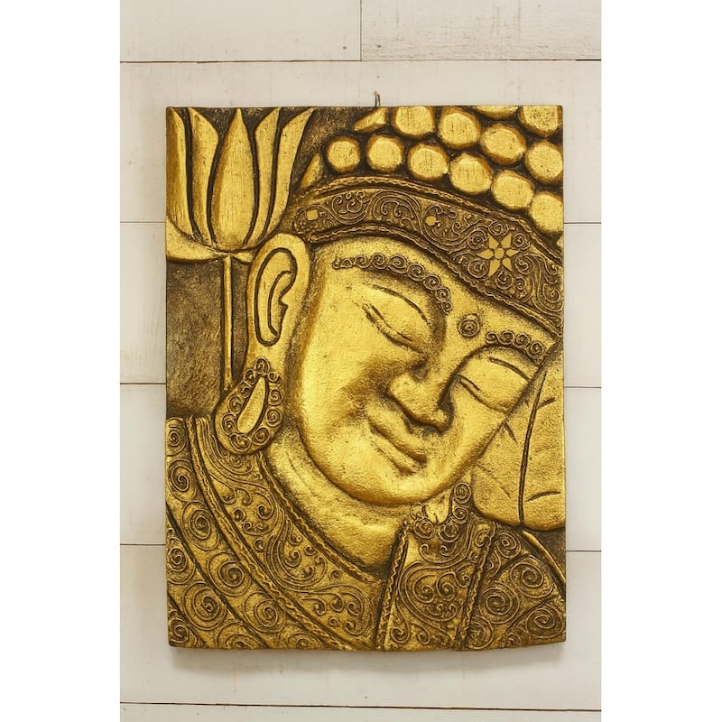 16" Silver Buddha Wall Panel Hand Carved Decorative Wood Relief, Zen Spiritual Wall Art - Gold