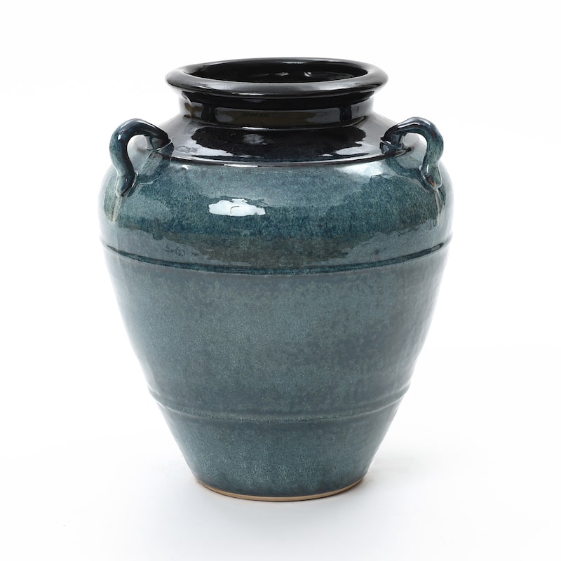 Rippled Blue with Brown Round Ceramic Vase, Home Decor Tabletop & Floor Accent - 15.75" H x 13.19" Diameter