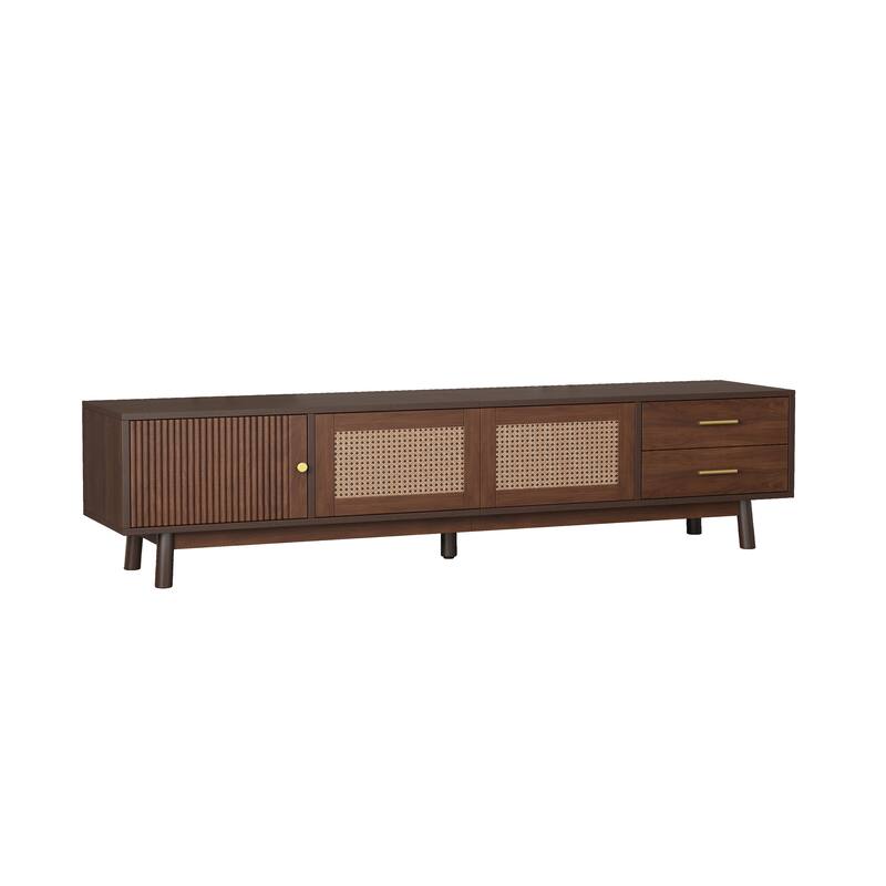 Mid Century Modern TV Stand for 80" TVs, Entertainment Center with Sliding Doors and Drawers, TV Table with Storage