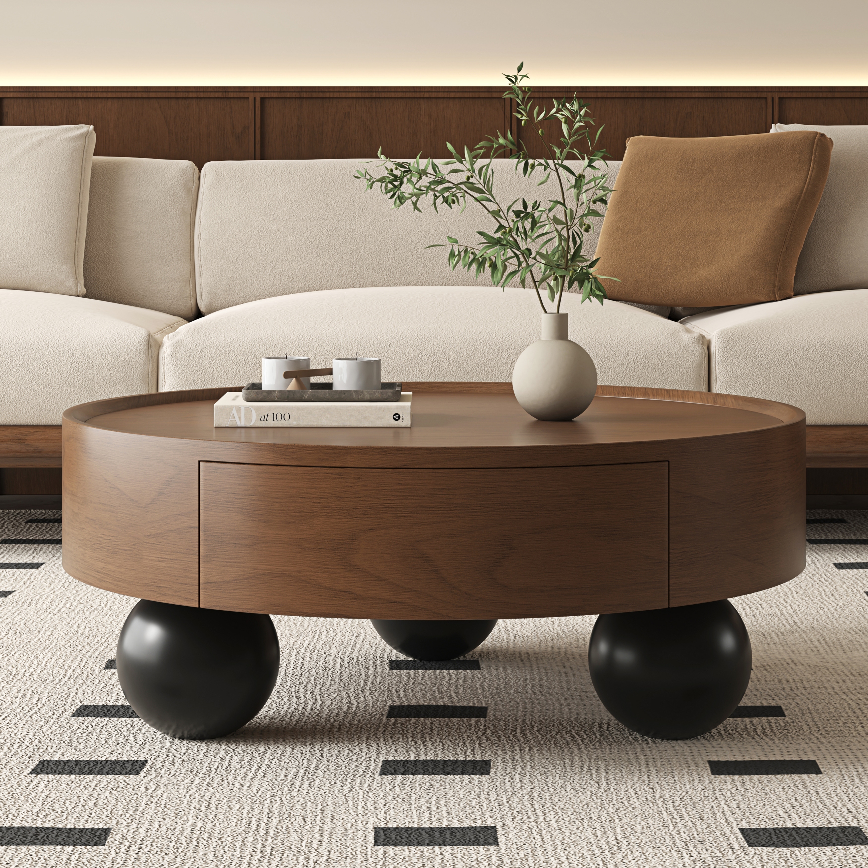 Round Coffee Table with Storage Drawer and Black Ball Feet, 35.43" - 35.43'' x 35.43'' x 14.96''
