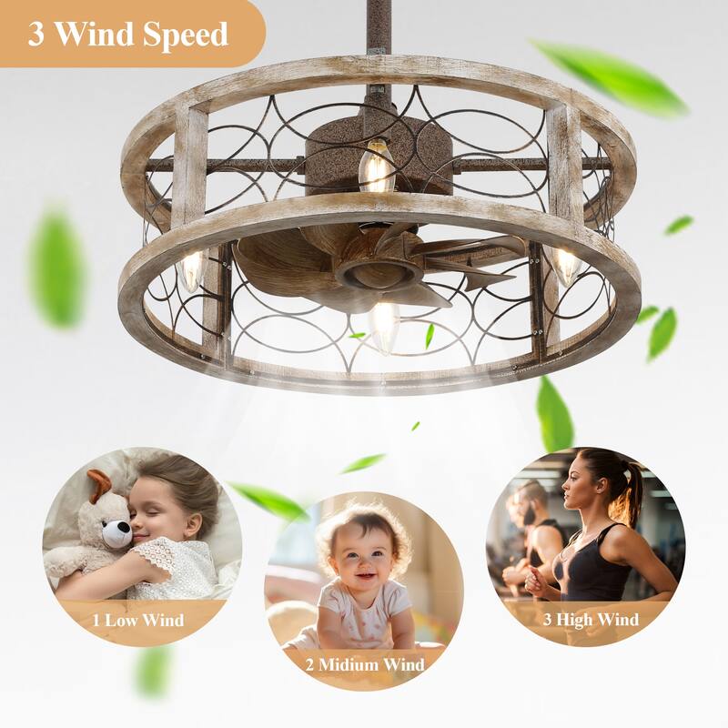 Cusp Barn 18'' Farmhouse Flush Mount Wood Ceiling Fan with Light, Rustic Bladeless Caged Ceiling Light, Antique Fandelier