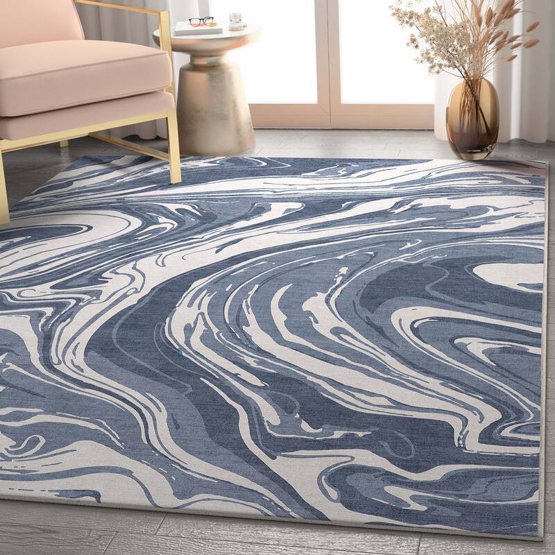 Well Woven Abstract Harmony Modern Boho Marble Flat-Weave Area Rug - 5' 3" x 7' 3" - Blue - Rectangle
