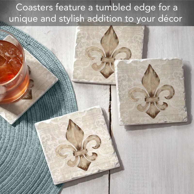 Deco Fleur 4-Pack Absorbent Stone Coasters with Protective Cork Backing 4" Square Made in The USA Easily Wipes Clean