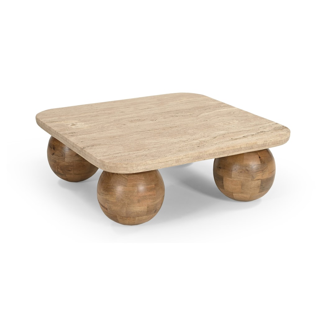 Cid Drift Coffee Table, Square 36 Inch Beige Marble Top, Brown Solid Wood