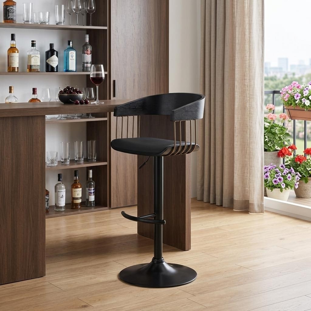 HomeRoots Black Faux Leather And Fabric And Metal Adjustable Height Swivel Bar Chair