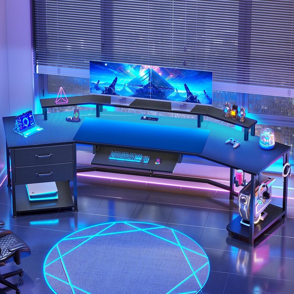 79" Gaming Desk 2 Fabric Drawers Gaming Table Power Strip & LED Lights