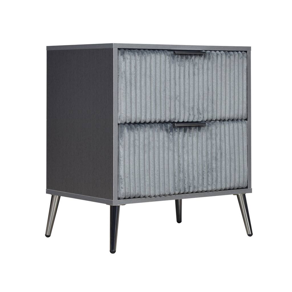 Moko 26 Inch Nightstand, 2 Ribbed Soft Upholstered Drawers, Smooth Gray